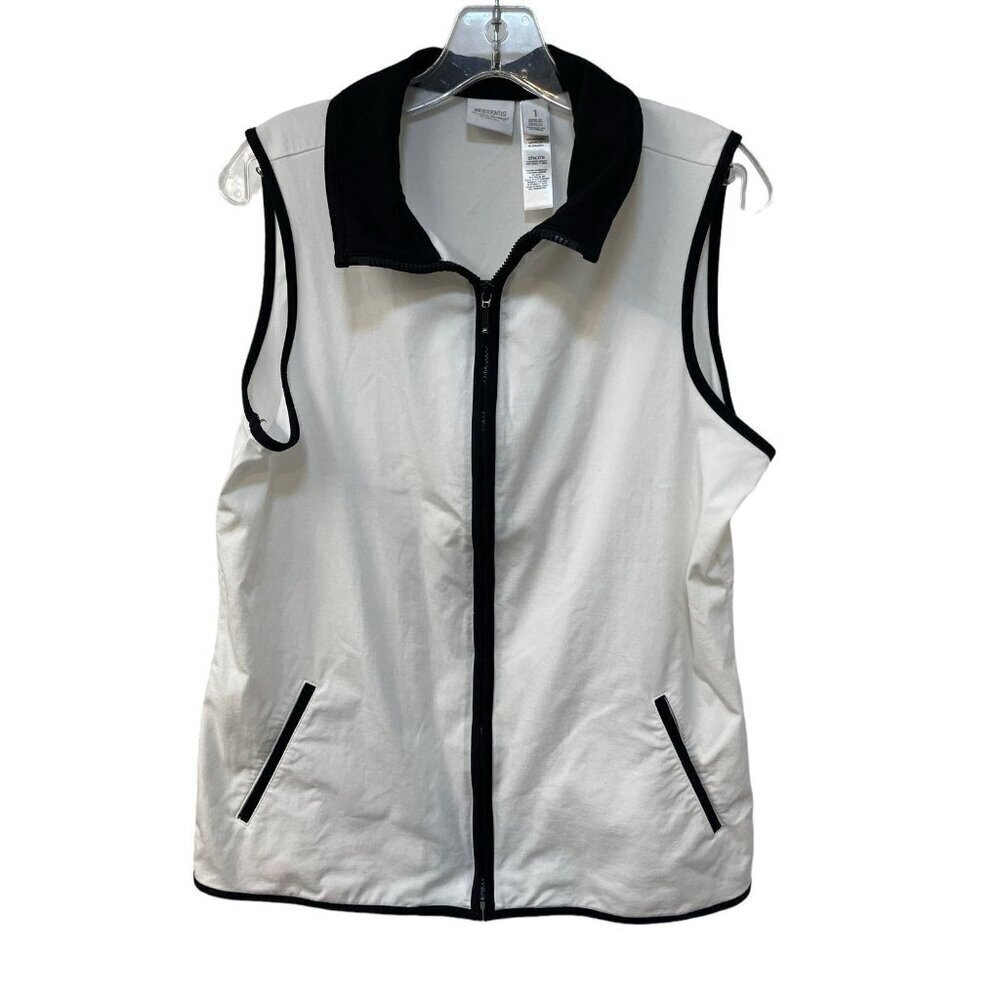Chicos Weekends Perfect Stretch Golf Size 1 White Black Comfy Vest With Pockets